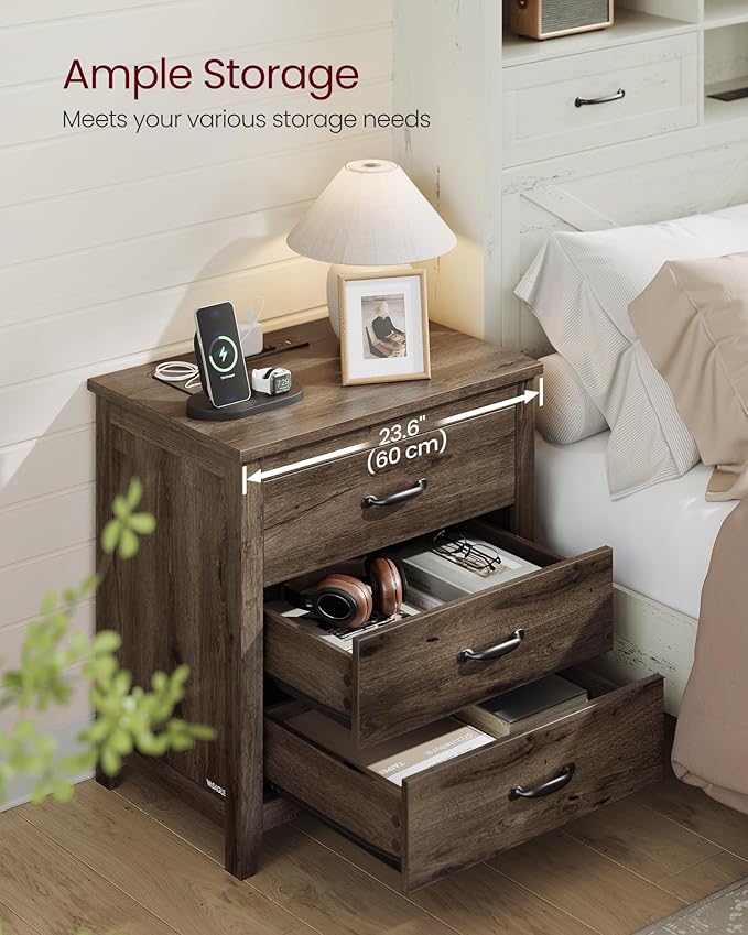 VASAGLE LIRY Collection - Farmhouse Nightstand with Charging Station, Bedside Table, Side End Table with 3 Drawers, for Bedroom, Taupe Brown ULET679T01