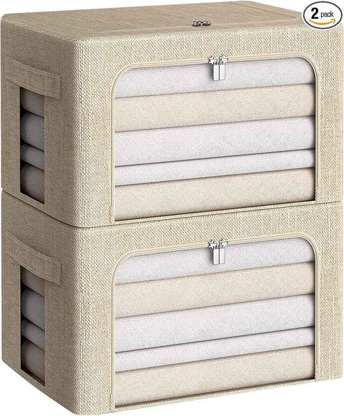 CYhom Clothes Storage Bins Box - Linen Fabric Foldable Stackable Container Organizer Set with Clear Window & Carry Handles & Metal Frame for Bedding, Blankets, Books (Beige, Medium-36L)