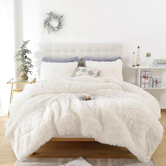 Smoofy Fluffy Full Size Comforter Set, Faux Fur Comforter Set, Luxury Fuzzy Bedding Set, Soft Shaggy Full Bed Set for All Season, 3 Pieces - 1 Comforter & 2 Pillowcases, Beige