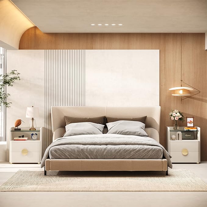 Nightstand with 2 Drawers, Modern Night Stand with Open Storage Space, Wood Bed Side Table for Bedroom, Tempered Glasses Beige End Table with Gold Round Metal Legs for Living Room, Easy Assembly