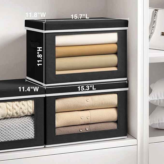 Large Storage Bins with Lids - Fabric Storage Cubes with Window, Collapsible Bins for Clothes, 15.7 Inch Large Baskets for Bedroom, Dorm, Office, Black, 6 Pack