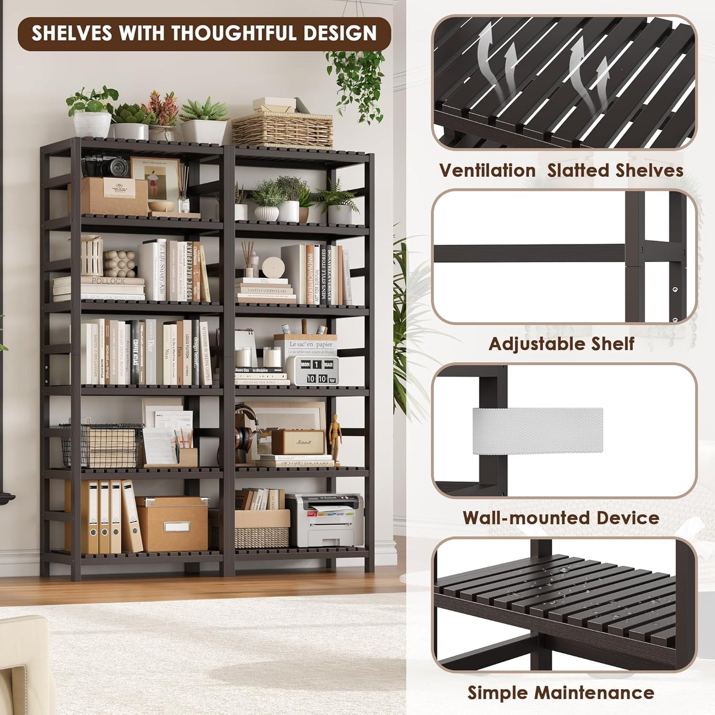 FOTOSOK 6-Tier Bamboo Shelf, Bamboo Bookcase with Adjustable Shelves, Free Standing Storage Shelf Unit, Plant Flower Stand for Kitchen, Bathroom, Home Office, Vintage - Décor Diaries