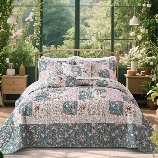 VAPUTAR Queen Size Quilt Set - Reversible Floral Queen Size Bedspreads with Wavy Edges - Lightweight Farmhouse Queen Quilt Bedding Sets for Bed Decorations, 3 Pieces