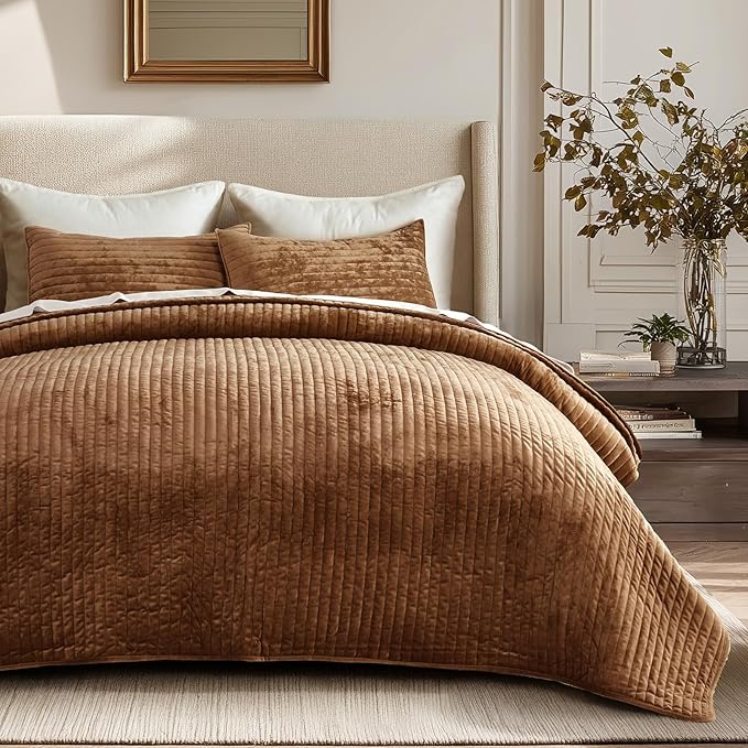 EVERGRACE Velvet Quilt Set King Size, Luxurious Soft Striped Channel Bedding Set, Lightweight Velvet Comforter for All Season, Oversized Bedspread Coverlet with 2 Matching Shams, Dark Brown