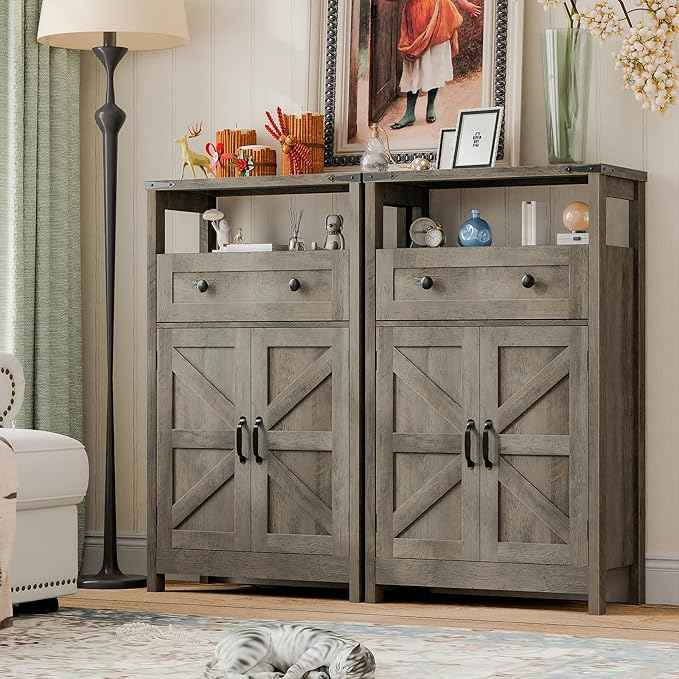 Vabches Small Cabinet with Drawer - Side Storage Organizer, Farmhouse Rustic Style, Grey for Bathroom, Kitchen, Living Room