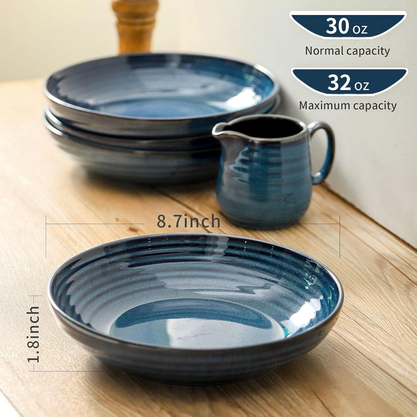 Pasta Bowls 32 OZ,Ceramic Salad Serving Bowls Set of 4,Large 8.7 inch Shallow Bowls Plates for Soup,Fruit,Noodle,Dinner,Dishwasher & Microwave Safe,Navy Blue