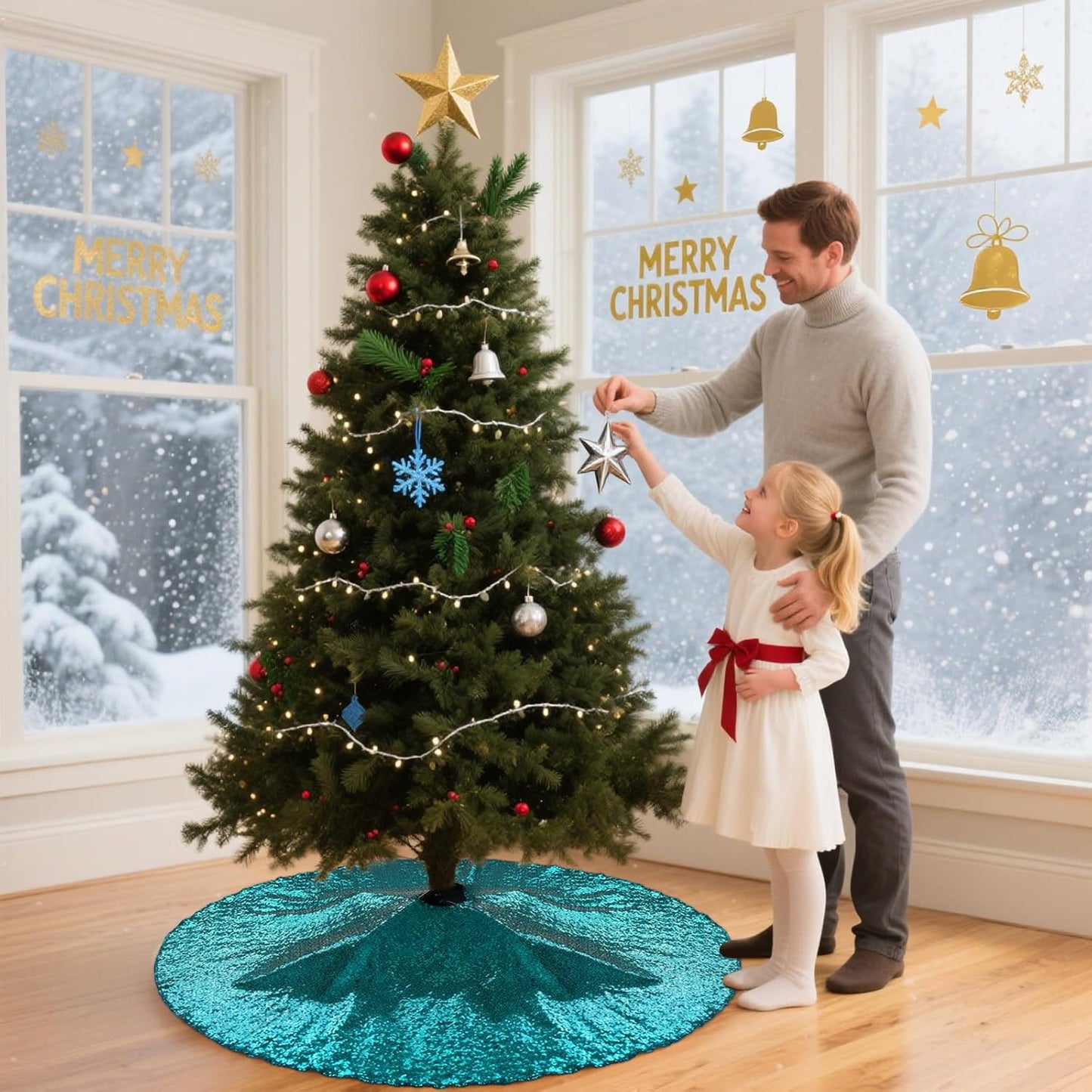 Eternal Beauty Christmas Tree Skirt, 70 Inch Teal Sequin Tree Skirt Small Xmas Tree Skirt for Christmas Tree Decorations