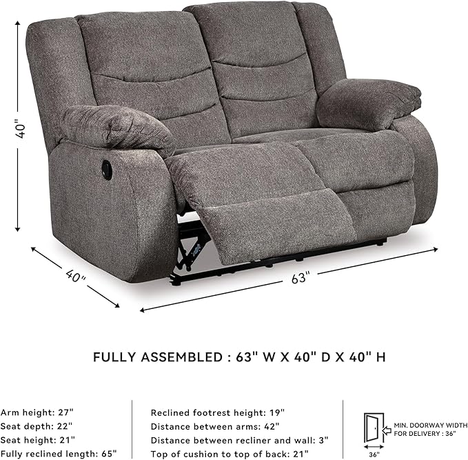 Signature Design by Ashley Tulen Reclining Loveseat, Dual-sided Recliner, Pull Tab Reclining Motion, Fabric Upholstery, 63" W x 40" D x 40" H, Dark Gray