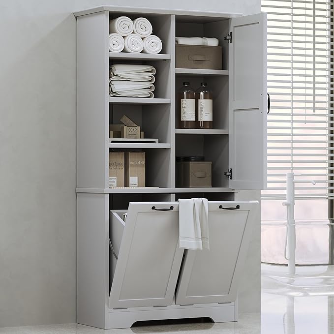 68" Tall Bathroom Storage Cabinet with Two Doors and Two Laundry Hampers for Home Display Organizer, Adjustable Shelf, Gray