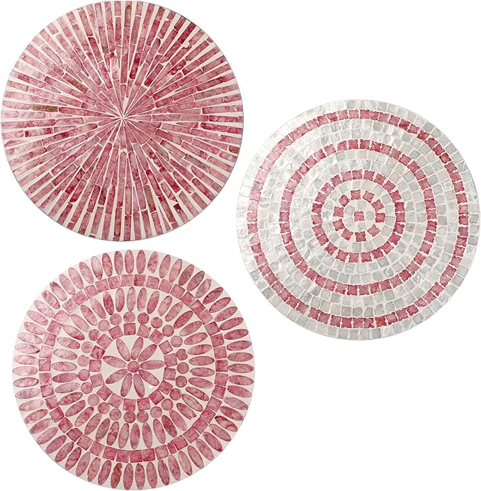 Tioncy 3 Pcs 11.8 Inches Modern Pink Mother of Pearl Shell Plate Preppy Coastal Pink Wall Art Mosaic Wall Sculpture Shell Handmade Hanging Plates Arts for Bedroom Bathroom Home Office Hotel