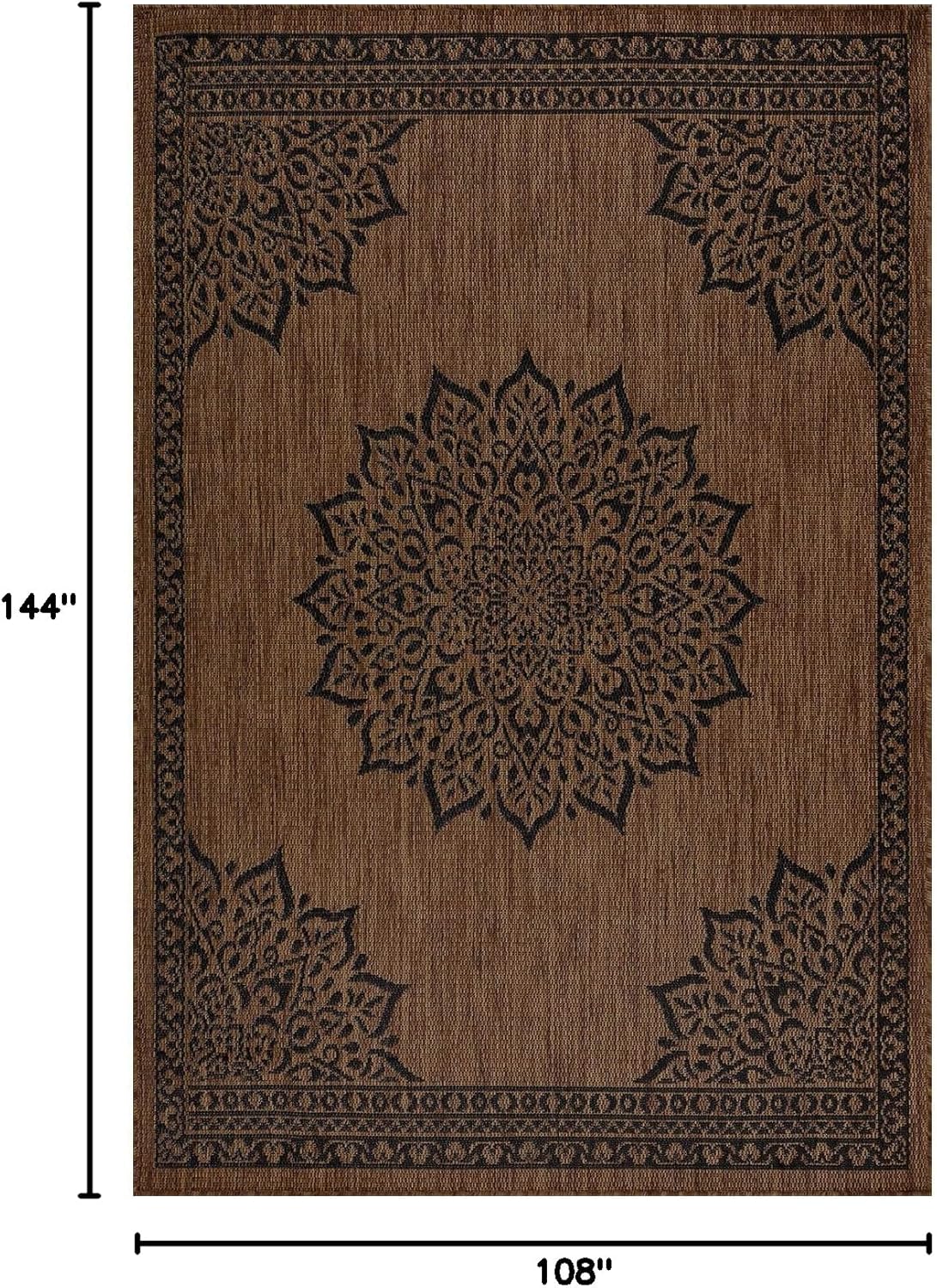 CAMILSON Outdoor Rug, 9x12 Medallion Nut Brown Black Modern Area Rugs for Large Indoor and Outdoor Patios, Kitchen and Hallway Mats, Washable Porch Deck Outside Carpet (Nut Brown Black, 9 x 12)