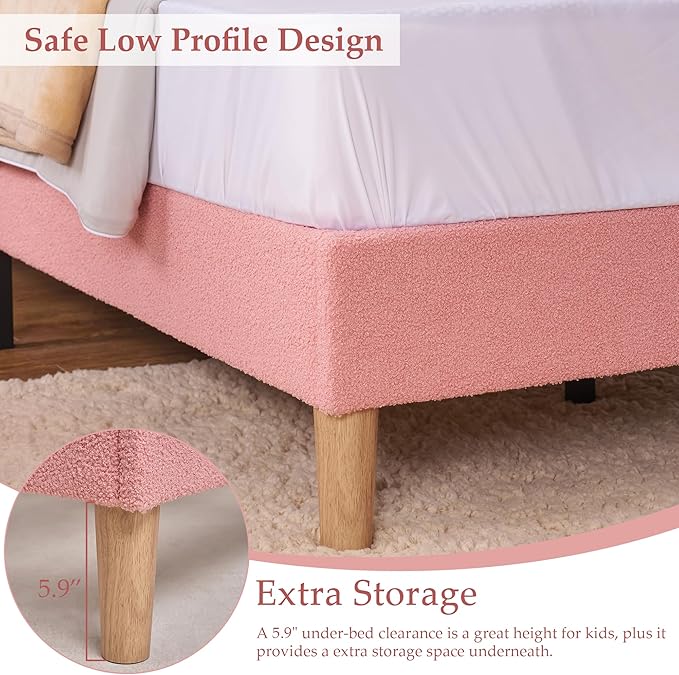 VECELO Twin Size Bed Frame Set of 2, Upholstered Platform Bedframe with Height Adjustable Plush Fabric Headboard, Strong Wood Slat Supports, No Box Spring Needed, Pink