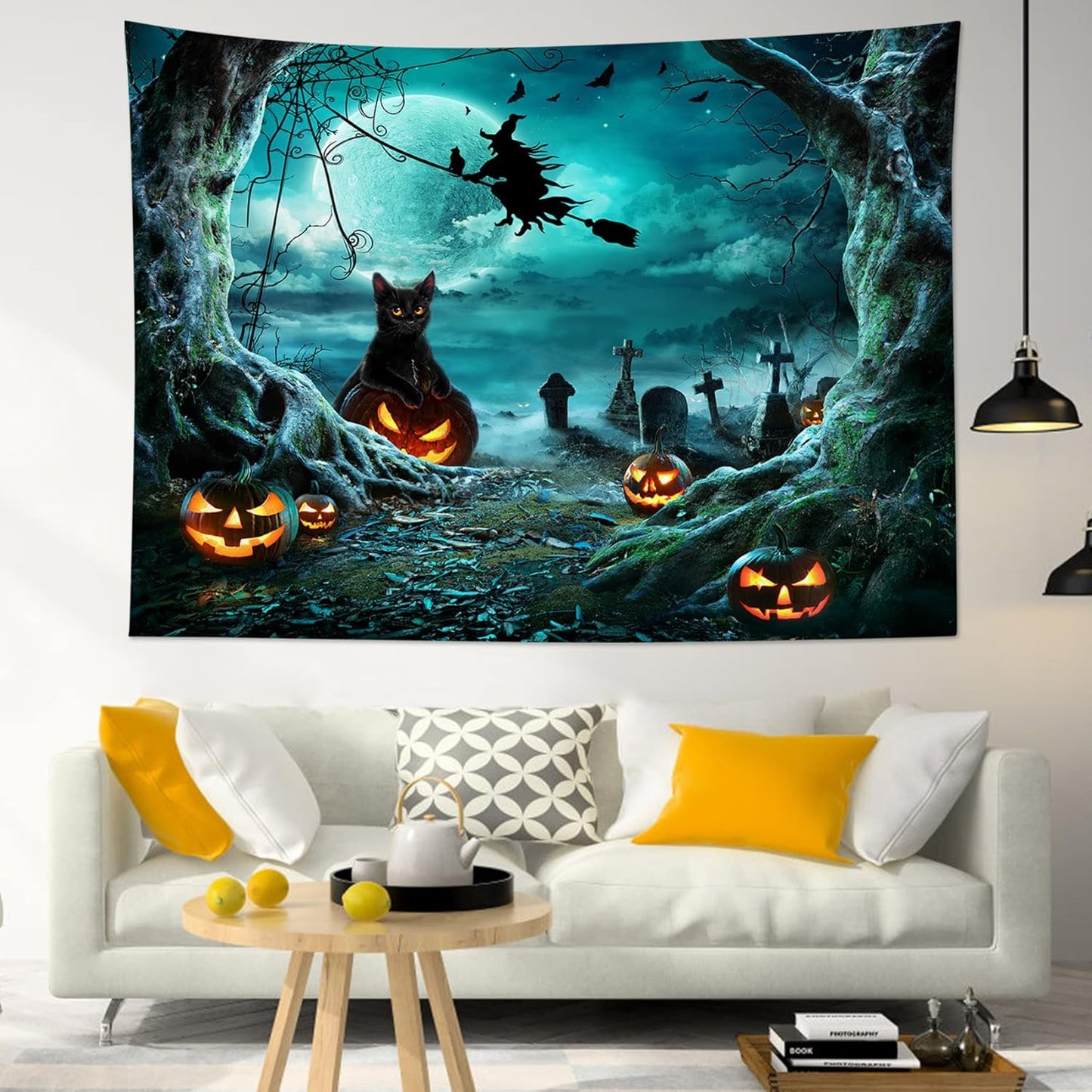 LB Teal Halloween Witch Tapestry Horror Black Cat Dead Tree in Graveyard Full Moon Night Tapestry Wall Art Spooky Pumpkin Wall Decor for Bedroom Living Room Dorm Holiday Party Decor 60x40 Inch