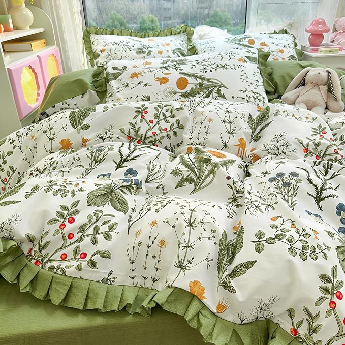Twin XL Comforter Set 3 Pieces Cute Flower Botanical Comforter Set with Chic Ruffles Aesthetic Green Floral Comforter with 2 Pillowcases Romantic Princess Ruffle Bedding Comforter for Teen Girls