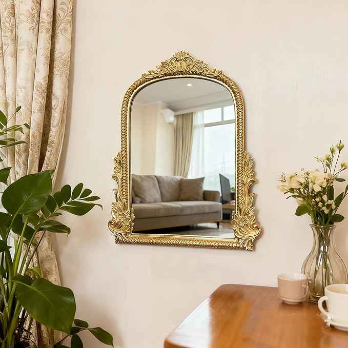 Baroque Gold Vintage Vanity Mirror 13x10 Inch, Wall-Mounted & Tabletop Dual-Use, Ornate Gold Accent Retro Decorative Mirror for Bedroom Dresser, Bathroom, Living Room and Dorm