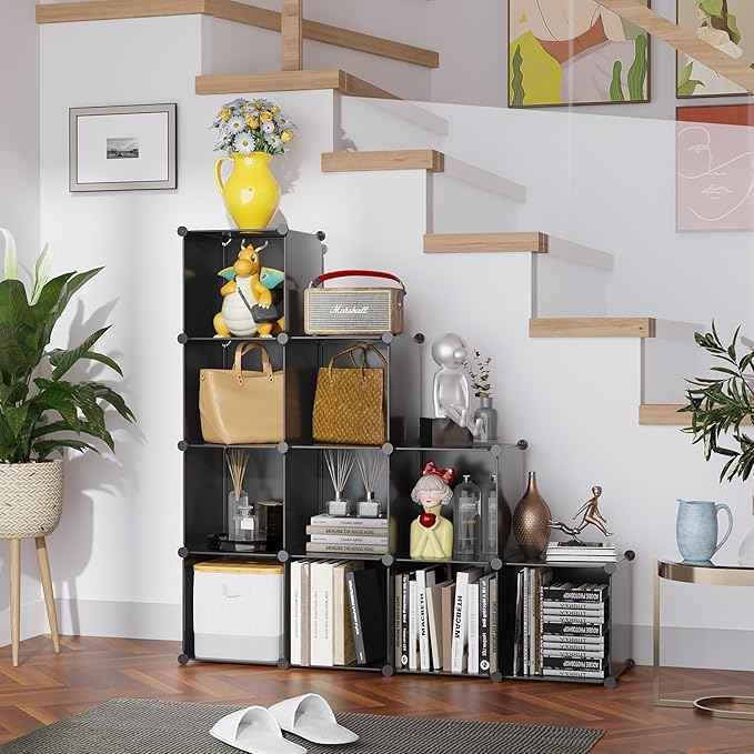 C&AHOME Cube Storage, 9-Cube Bookshelf, Plastic Closet Cabinet Organizer, DIY Stackable Bookcase, Modular Shelving Units Ideal for Home, Office, Kids Room, 36.6" L x 12.4" W x 48.4" H Black SHS3009A