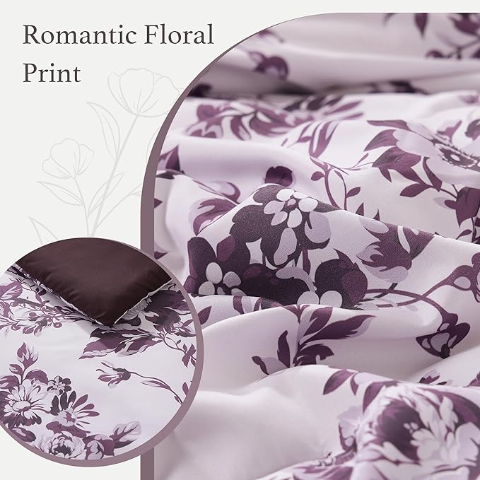 Full Comforter Set -7 Pieces Deep Purple Floral Comforter Set for All Seasons, Bed in a Bag Full with Botanical Flowers Comforter, Sheets, Pillowcases & Shams
