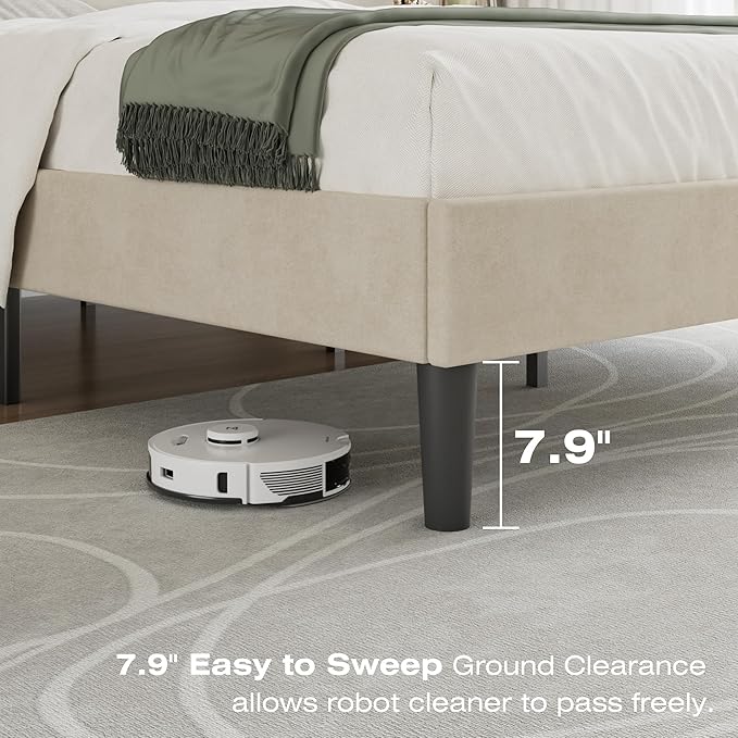 VECELO Full Size Bed Frame with Upholstered Headboard, Heavy-Duty Bedframe with Strong Wooden Slats Support, No Boxing Spring Needed, Pale Beige