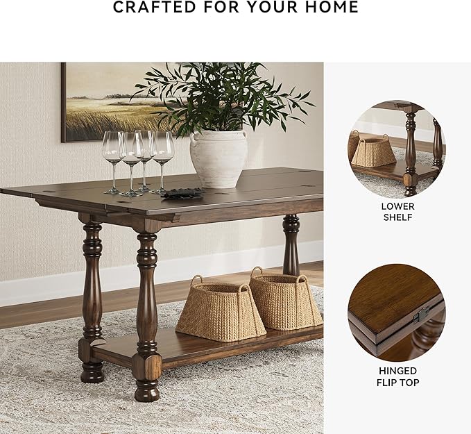 Signature Design by Ashley Sturlayne Transitional Expandable Flip Top Sofa Table with Lower Shelf and Turned Leg, Dark Brown