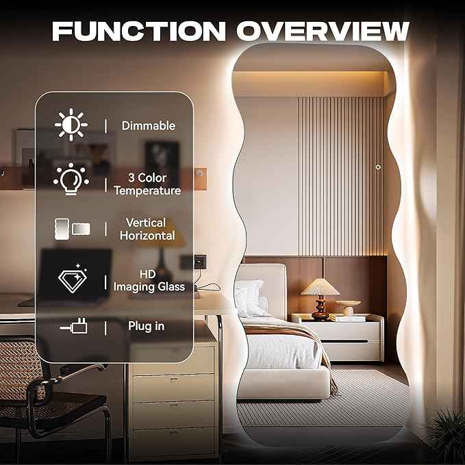 Hasipu Wavy Full Length Mirror with Lights - 79"×35" LED Wavy Floor Mirror, Frameless, Dimmable, Standing or Vertical/Horizontal Wall-Mounted Mirror for Bedroom, Living Room, Cloakroom