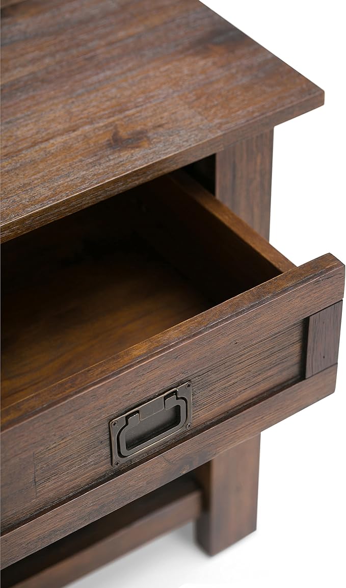 SIMPLIHOME Monroe End Table - 22 inch Wide Solid Acacia Wood Side Table in Distressed Charcoal Brown, Rustic Accent Table for Living Room or Bedroom with Drawer and Shelf