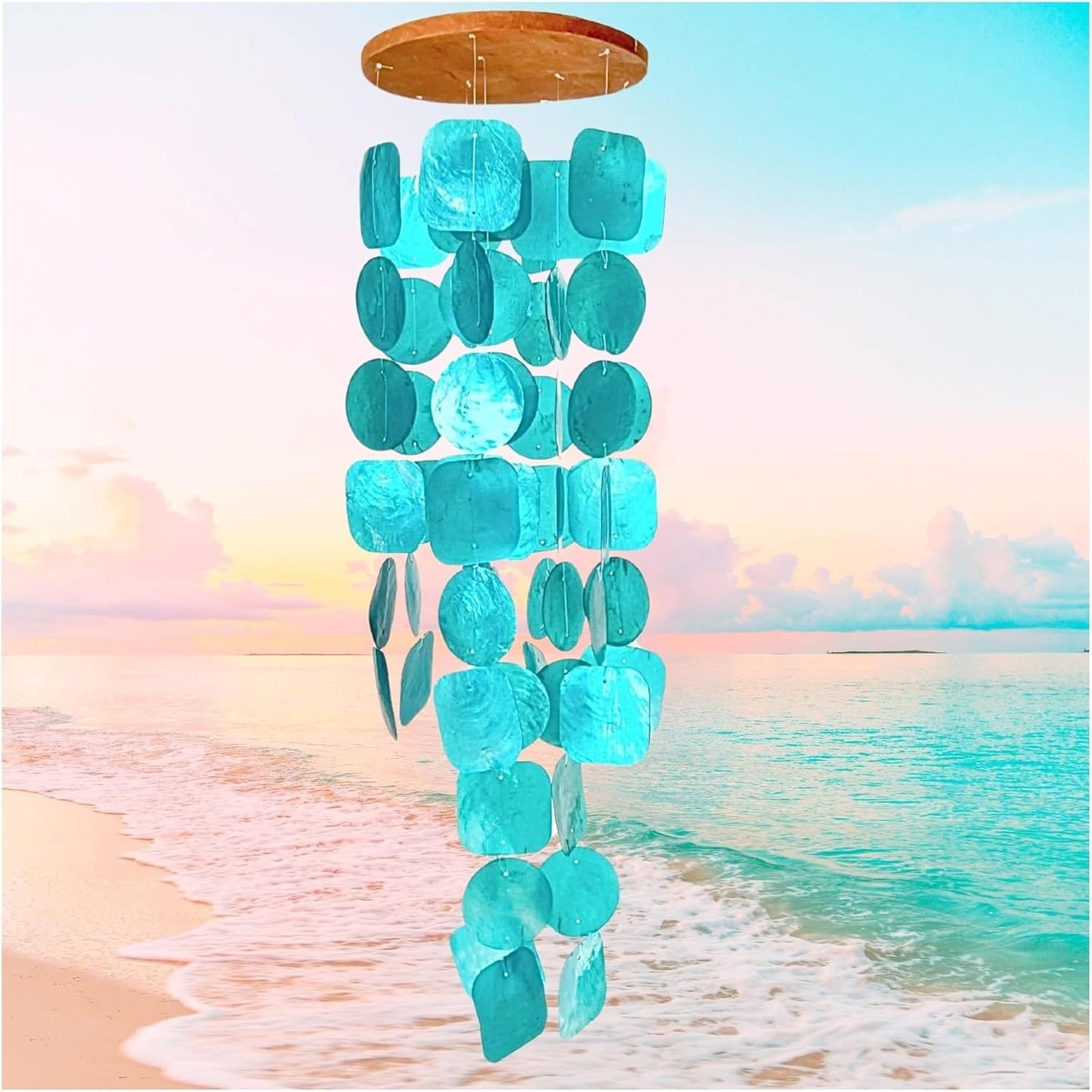 Bellaa 20744 Wind Chimes Outdoor, Garden Decorations, Musical, Indoor/Outside Windchimes, Beach, Ocean Breeze, Gifts for Mom, Gift for All Occasions, Capiz Sea Glass Shells Wood Turquoise Blue