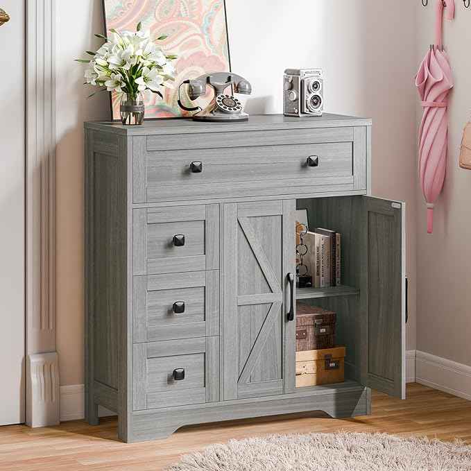 Vabches Farmhouse Storage Cabinet with 2 Doors and 4 Drawers, Freestanding Bathroom Storage Cabinet Kitchen Pantry, Floor Hutch Cupboard for Bathroom/Living Room/Kitchen.(Wash Grey