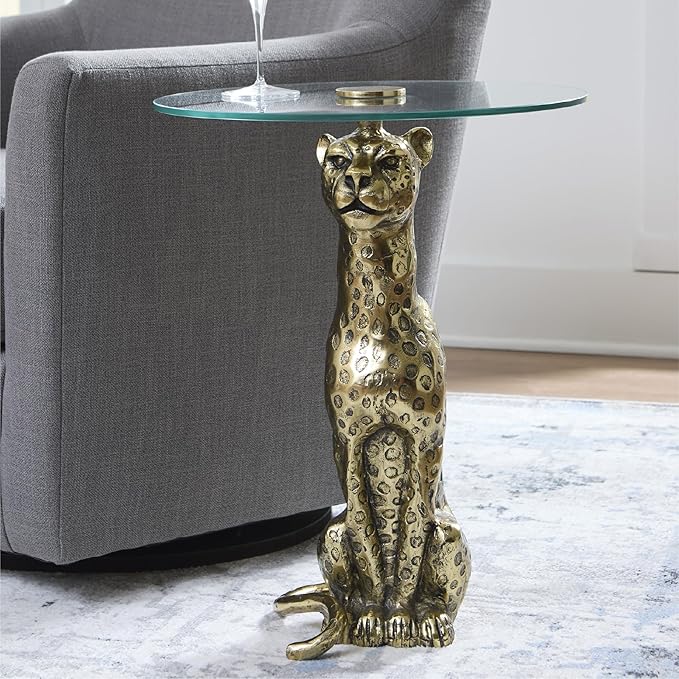 Signature Design by Ashley Vallain Industrial Glass Tabletop Accent Table with Leopard Base, Metallic & Glass