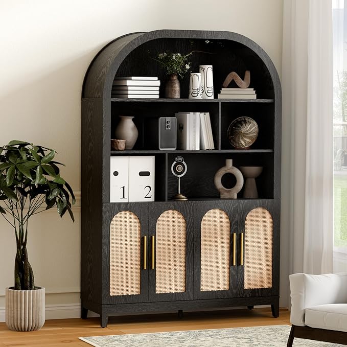 71" Tall Wide Arched Storage Cabinet, 5-Tier Rattan-Door Bookcase with Divider Shelf & Gold Pull Handles, Wood Versatile Pantry Organizer for Living Room/Kitchen/Office, Black
