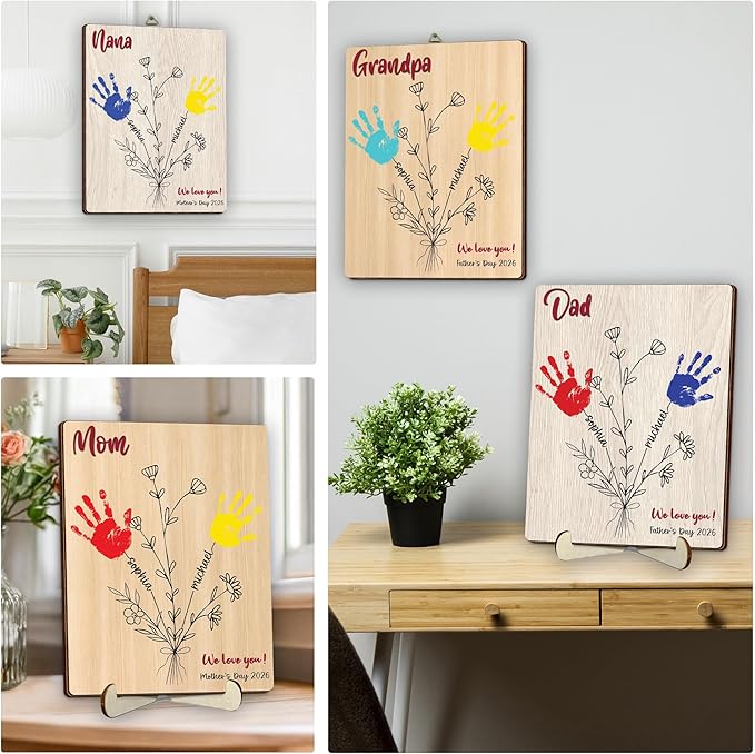 Personalized Handprint Wooden Sign for Mom Dad Grandma, DIY Kids Handprint Frame with Paints, Art Craft Family Keepsake, Mothers Fathers Day Valentines Birthday Gift for New Parents, Families