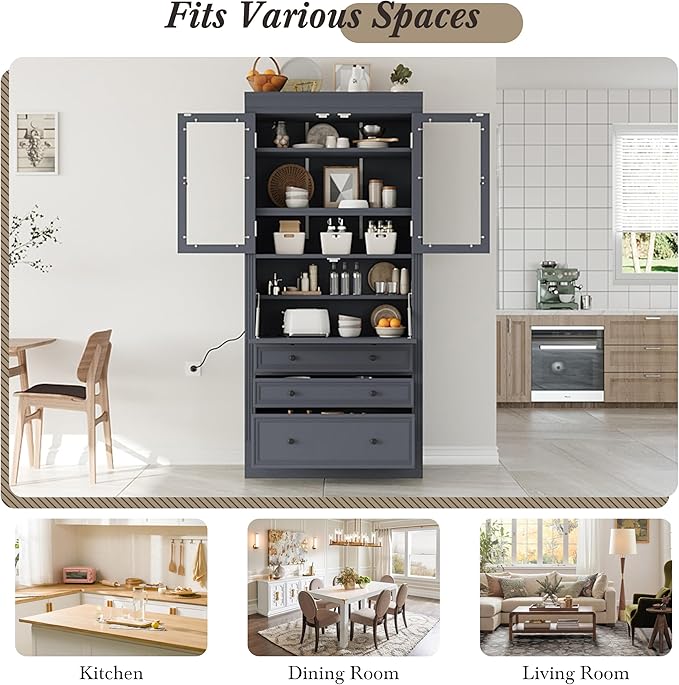 Merax 78 Inch Extra-Tall Freestanding Kitchen Pantry Storage Cabinet, Multifunctional Cupboard with 3 Drawers, Adjustable Shelves & Power Outlet Drop-Down Surface for Dining and Living Room, Grey