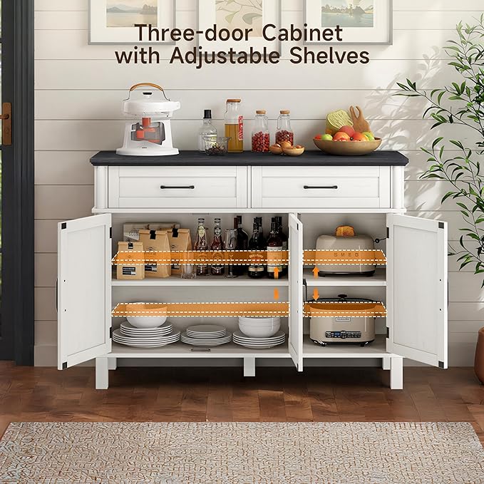 48 Inches Sideboard Buffet Cabinet with Storage, Farmhouse Sideboard Buffet w/2 Drawers and 3 Doors, Kitchen Cabinet with Adjustable Shelf, Wood Console Table for Living Room, Hallway, Off White&Black