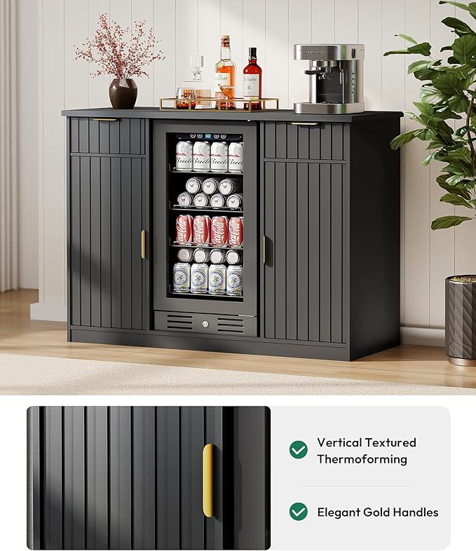 53" Fluted Coffee Bar Cabinet with Fridge Space - Wine Bar Cabinet with Drawer & Door Storage, Mini Fridge Stand with Power Outlet for Kitchen Dining Room, Black