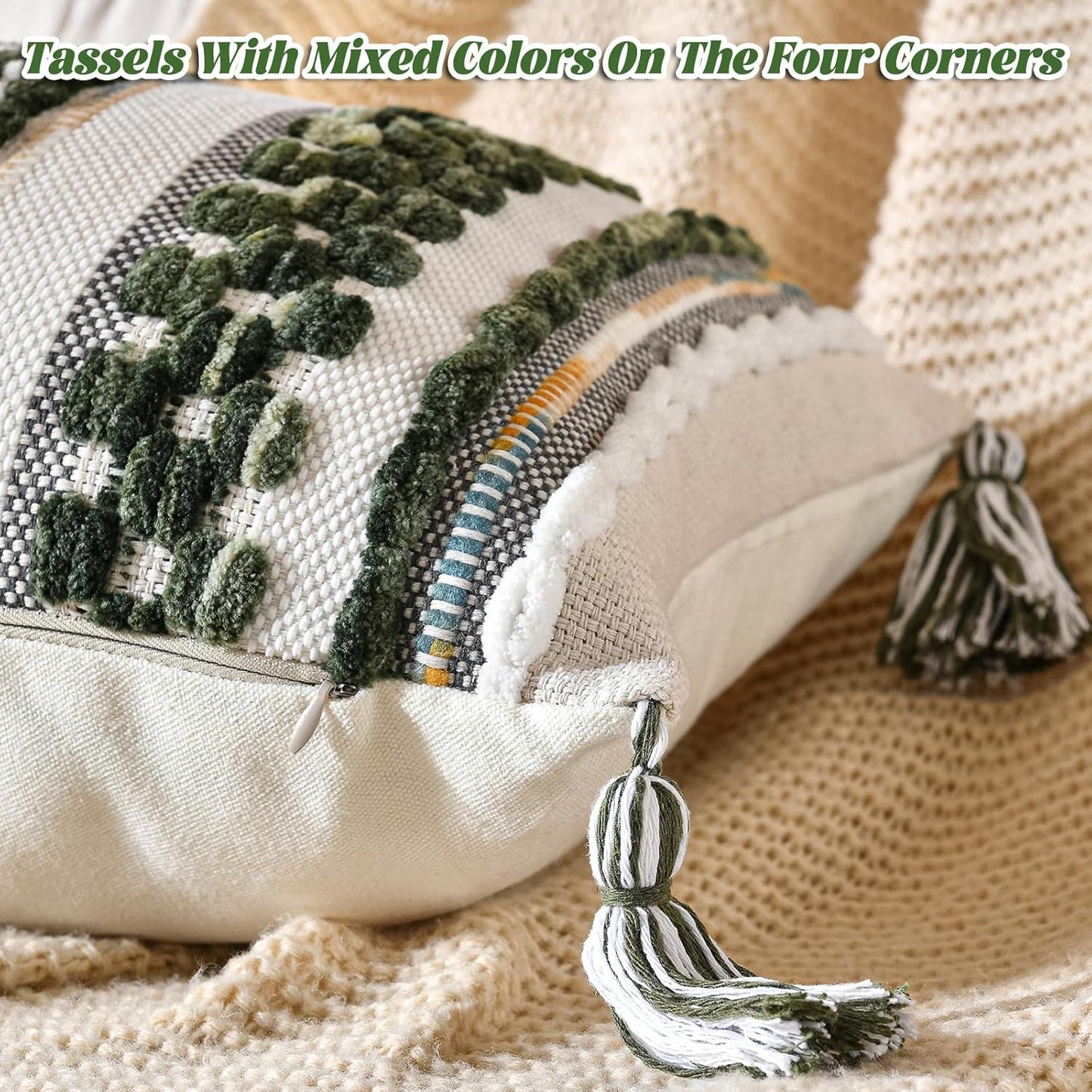 AmHoo Chenille Striped Textured Boho Throw Pillow Covers Aesthetic with Tassels Woven Decorative Pillow Case for Couch Bed Sofa Bedroom Modern Funky 14 x 36-Inch Sage Green