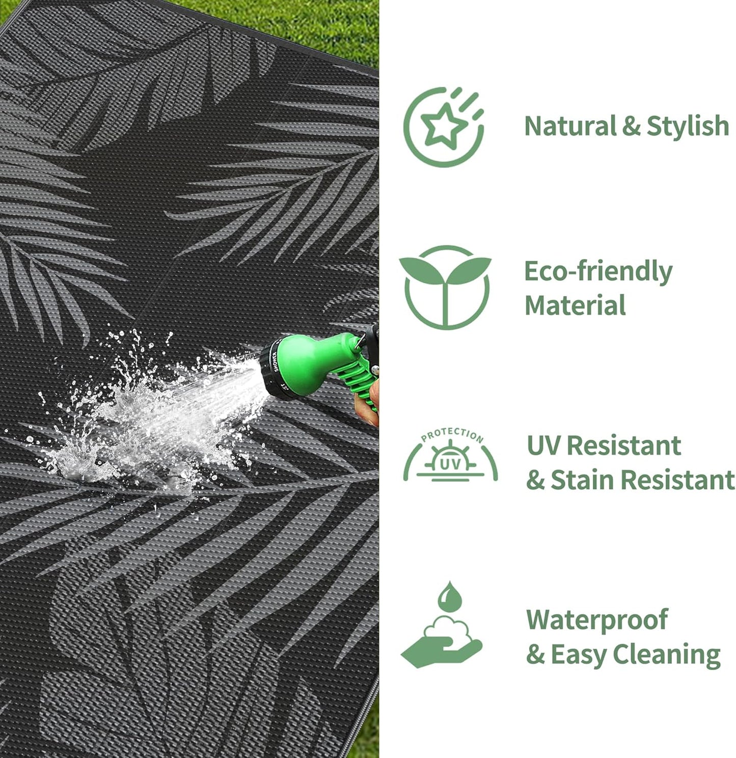 GENIMO Outdoor Rug 3' x 5' Waterproof for Patios Clearance, Reversible Outdoor Plastic Straw Camping Rug Carpet, Large Area Rugs Mats for RV, Camper, Deck, Balcony, Porch, Beach, Picnic, Black&Grey