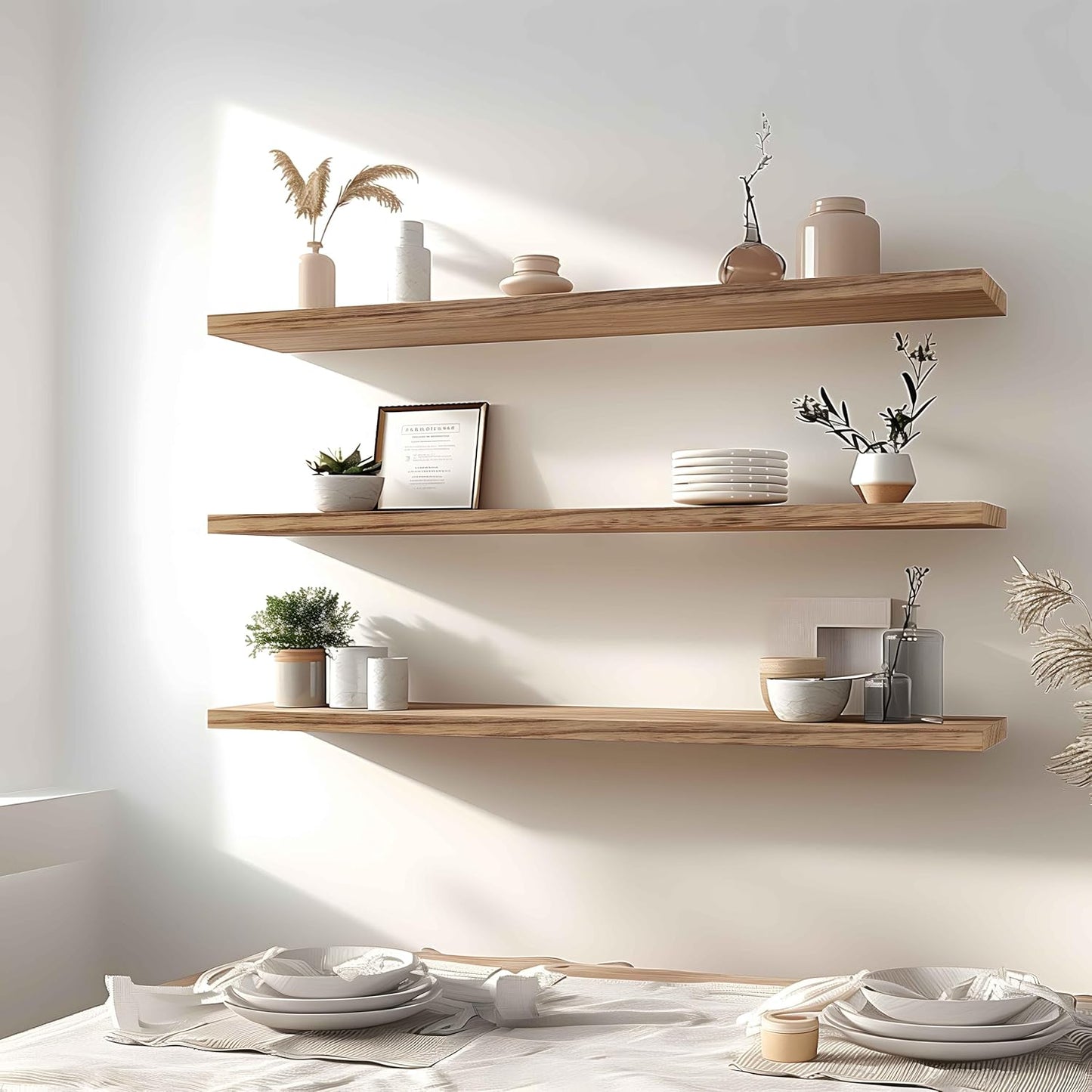Wood Floating Shelves for Wall Decor, Rustic Wall Shelves for Bedroom Bathroom Kitchen Living Room, Set of 4 Light Walnut 48 Inch - Décor Diaries