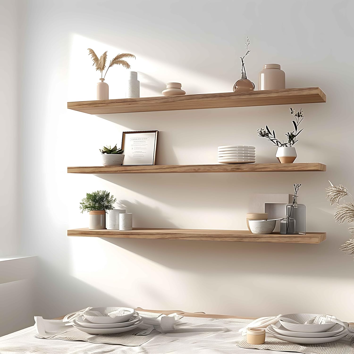Wood Floating Shelves for Wall Decor, Rustic Wall Shelves for Bedroom Bathroom Kitchen Living Room, Set of 4 Light Walnut 48 Inch - Décor Diaries