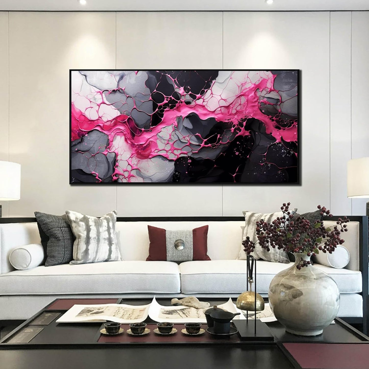 Abstract Wall Art for Living Room, Pink Canvas Wall Decor for Bedroom, Framed Picture Print, Large Size 59x29 Inches