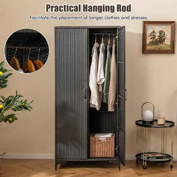 Giantex Wicker Storage Cabinet, 62” Tall Pantry Cabinet with 2 Doors, Hanging Rod, 4 Storage Cubes, Metal Legs, Anti-Tipping Device, PE Rattan Storage Cabinet for Home Office, Garage Cabinets (Black)