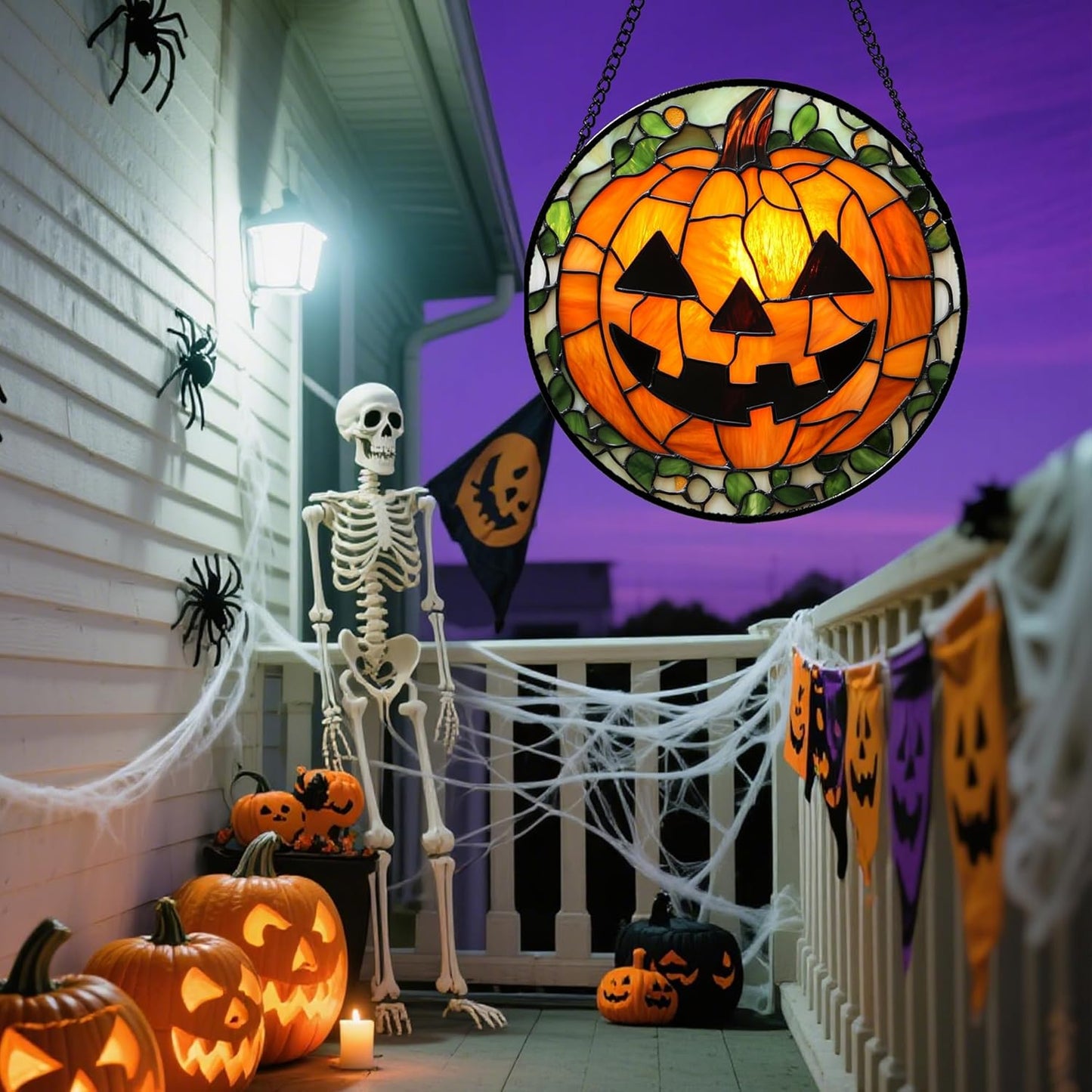 Stained Glass Window Hanging, Halloween Decorations Evil Pumpkin Suncatcher for Doors Garden Indoor Spooky Funny Orange Sun Catchers Gothic Decor Horror Gifts for Women Men Friend 9.8 in