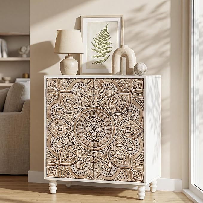 COSIEST 32" W Sideboard Buffet Cabinet with Storage, Accent Cabinet with 2 Push-to-Open Magnetic Doors, Vintage MDF Buffet Table for Living Room, Kitchen, Hallway (Gray,Lotus Pattern) | with Storage, Accent Cabinet, Vintage, Buffet Table, Lotus Pattern