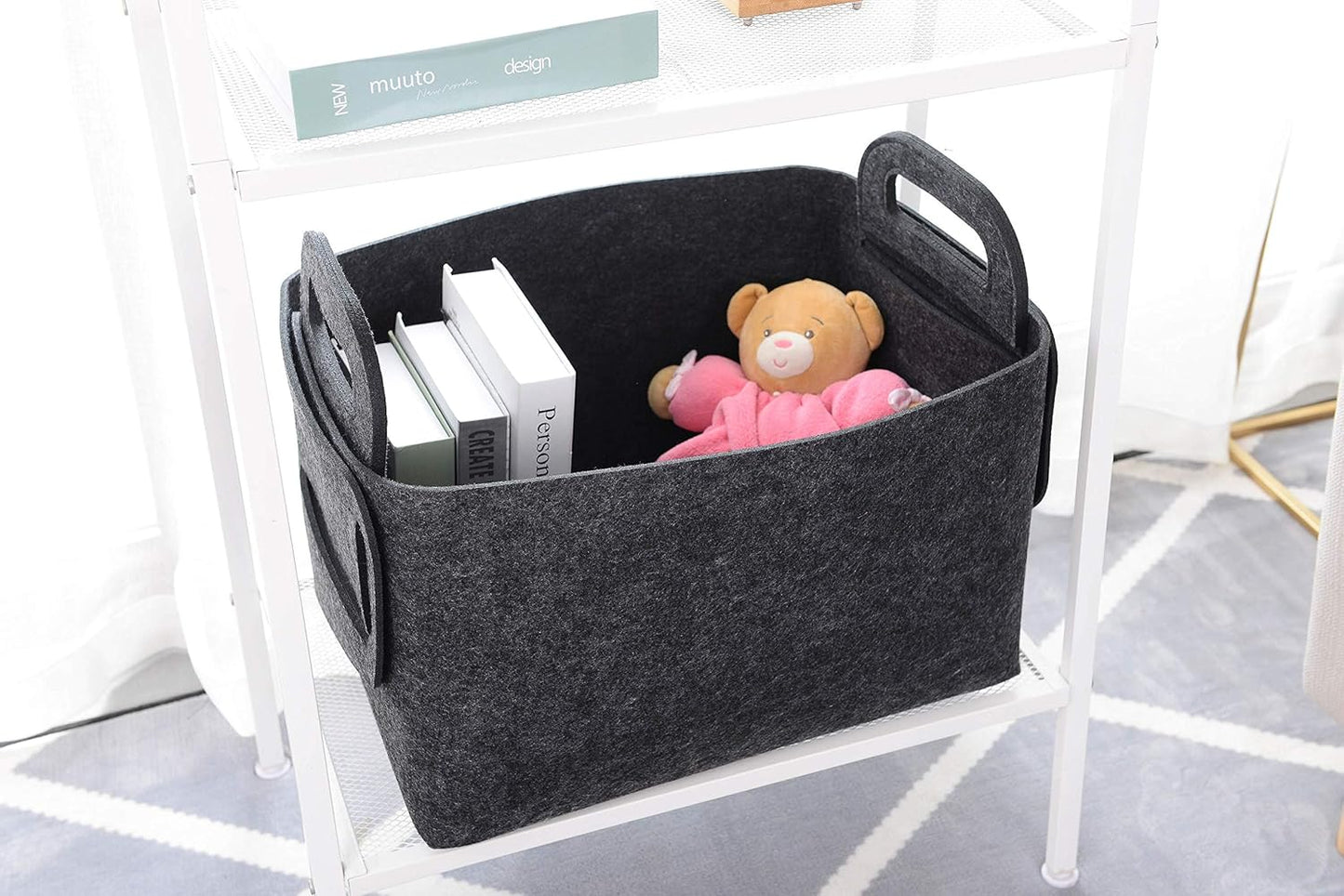 Minoisome Storage Basket Felt Storage Bin Collapsible& Convenient Box Organizer with Carry Handles for Office Bedroom Closet Babies Nursery Toys Laundry (Dark grey, 15.7inch（L）×11inch（W）×10inch（H）)