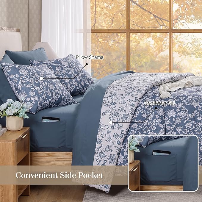 Queen Comforter Set -7 Pieces Floral Oxford Blue Comforter Set for All Seasons, Bed in a Bag Queen with Botanical Flowers Comforter, Sheets, Pillowcases & Shams