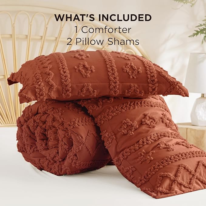 Bedsure Tufted Boho Comforter Set Full Size - Terracotta Boho Bed Set, GentleSoft™ 3 Pieces Farmhouse Shabby Chic Embroidery Bedding, Gifts for Woman, Soft Jacquard Full Comforter for All Seasons