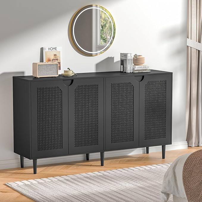 63" Rattan Sideboard Buffet Cabinet with 4 Doors, Wood Large Kitchen Storage Cabinet Black Accent Cabinet with Adjustable Shelf Credenzas for Kitchen Living Room Hallway