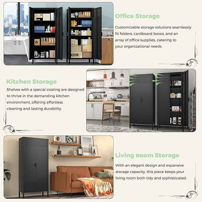 COFaR 4 Tier Black Metal Storage Cabinet, Free Standing with 2 Doors, 3 Adjustable Shelves and Legs, Cupboard Metal Cabinet for Living Room, Kitchen, Dining Room, Office