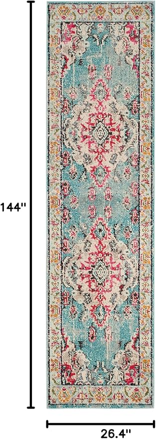SAFAVIEH Monaco Collection Runner Rug - 2'2" x 12', Light Blue & Fuchsia, Non-Shedding & Easy to Clean, Distressed Medallion Design, Ideal for Hallway, Foyer, Entryway, Kitchen, Bedroom (MNC243J)