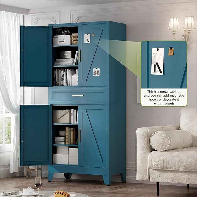 COFaR Farmhouse Storage Kitchen Pantry Cabinet with 4 Barn Door, 4 Adjustable Shelves, Drawer and Legs, for Cupboard/Dining Room/Bathroom/Living Room/Office/Laundry Room(Blue Green, 71" Metal Cabinet)