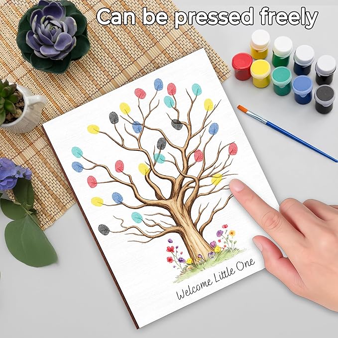 Personalized Fingerprint Art Tree Sign, Baby Shower Guest Books with Paint, Family Craft Keepsake Gift Ideas for Expecting Parents, Gender Reveal Party Decorations, Thumbprint Hanging Painting