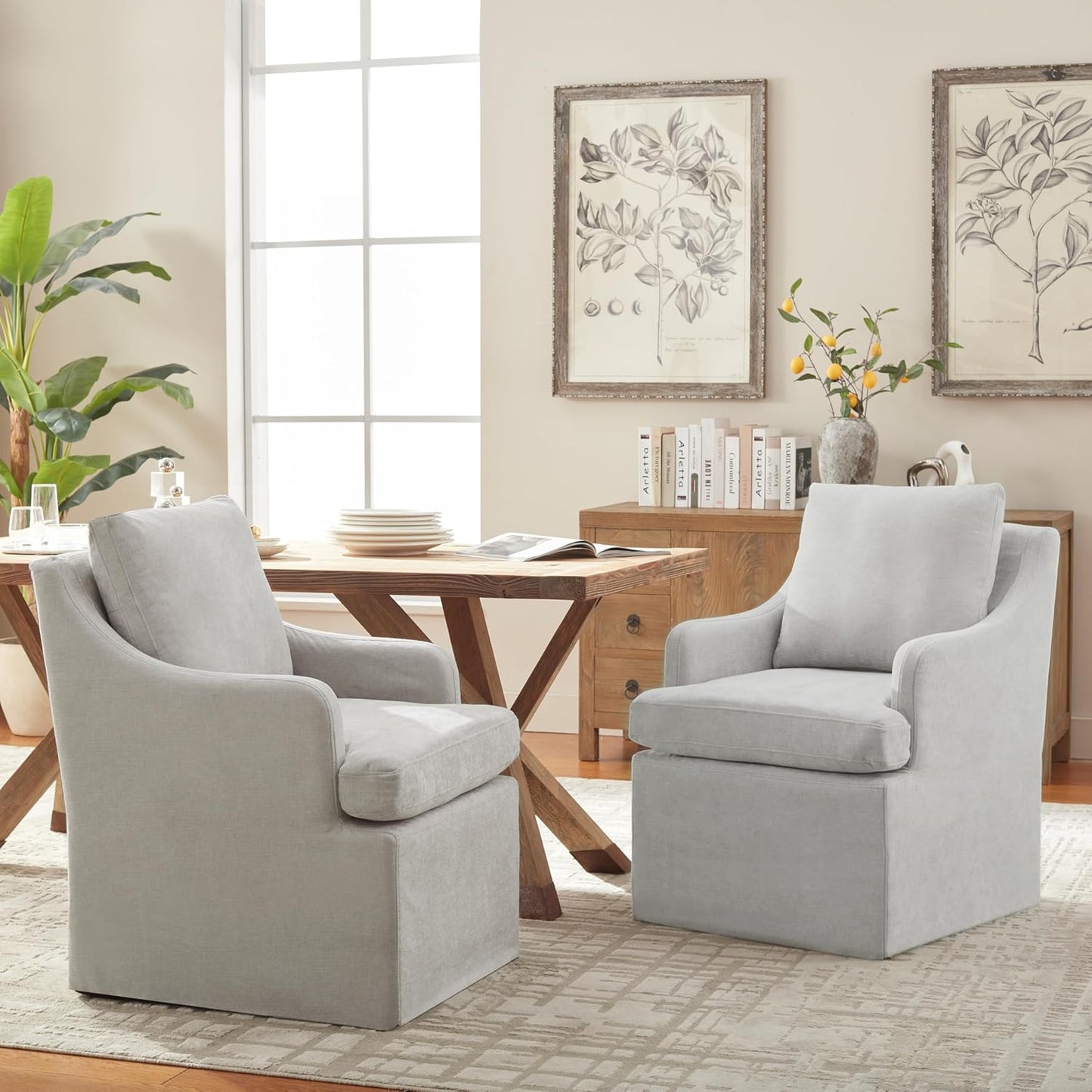 VKNOW Upholstered Dining Chairs, Modern Kitchen Chairs Dinner Chairs with 4 Casters, Linen Armchair for Bedroom Reading Room Living Room, Light Grey